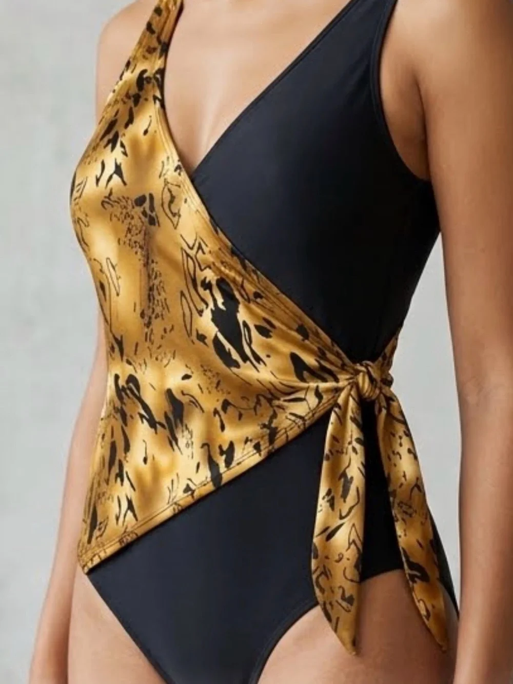 Shore Shapes One Piece Side Tie Swimsuit Size 14 Black/Brown Animal Print V Neck